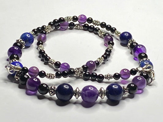 Amethyst, Lapis Lazuli, Black Onyx Necklace & Bracelet set with Sterling Silver Clasps. Extension Chain options