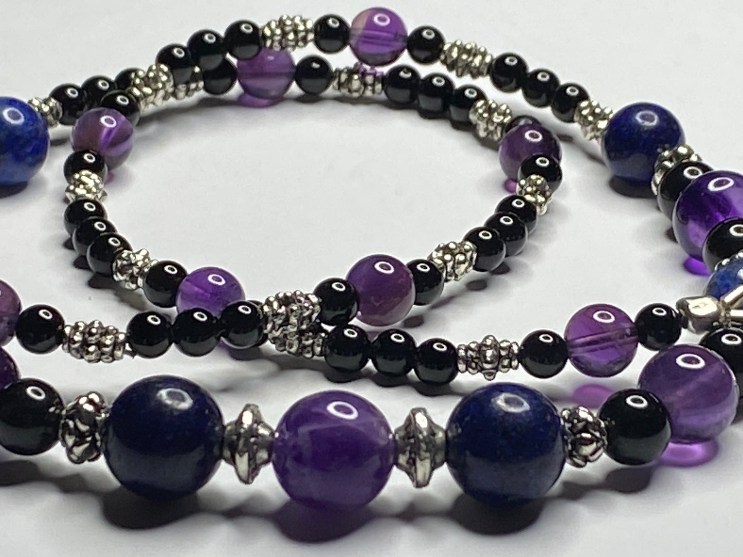 Amethyst, Lapis Lazuli, Black Onyx Necklace & Bracelet set with Sterling Silver Clasps. Extension Chain options