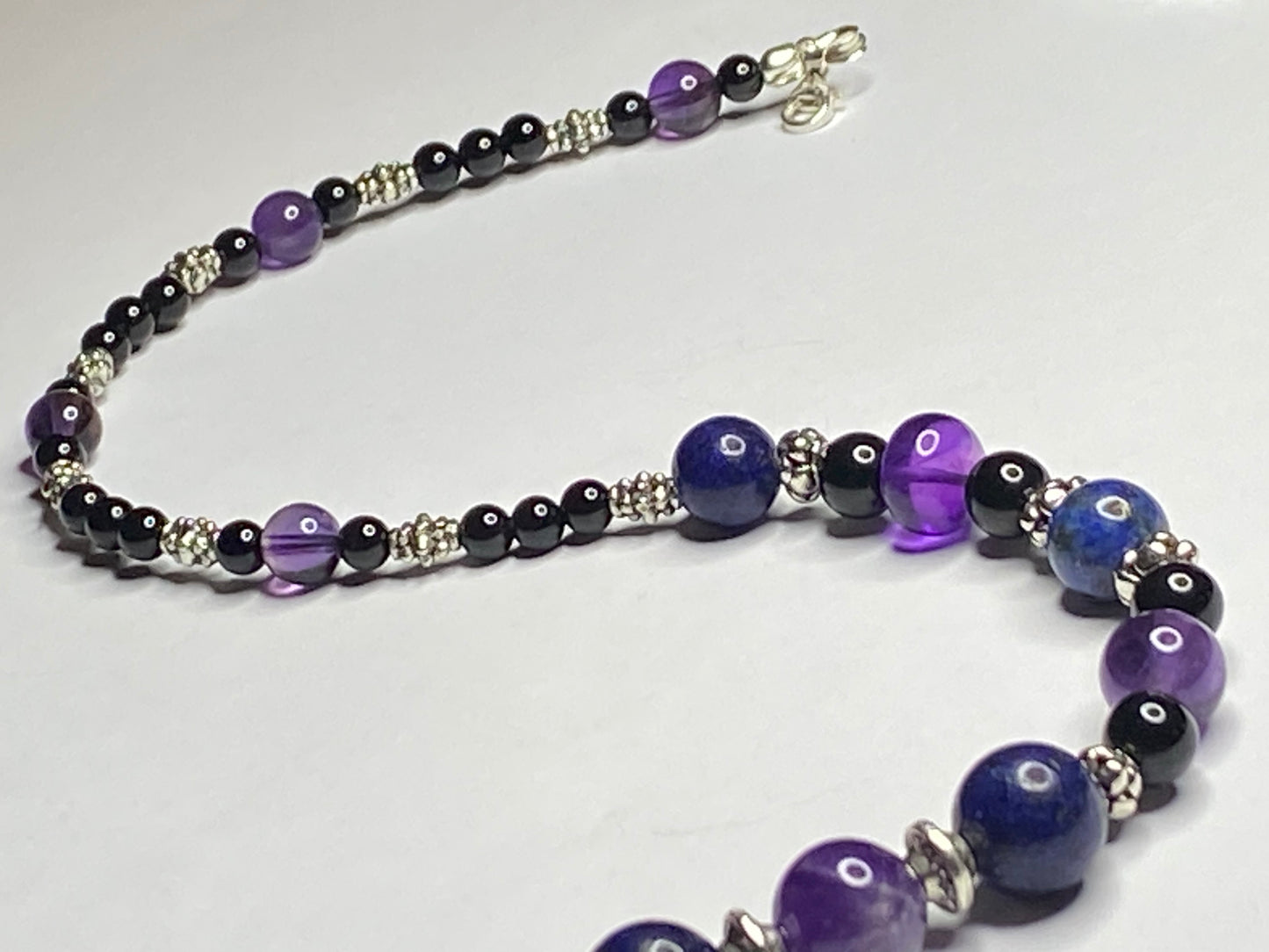 Amethyst, Lapis Lazuli, Black Onyx Necklace & Bracelet set with Sterling Silver Clasps. Extension Chain options