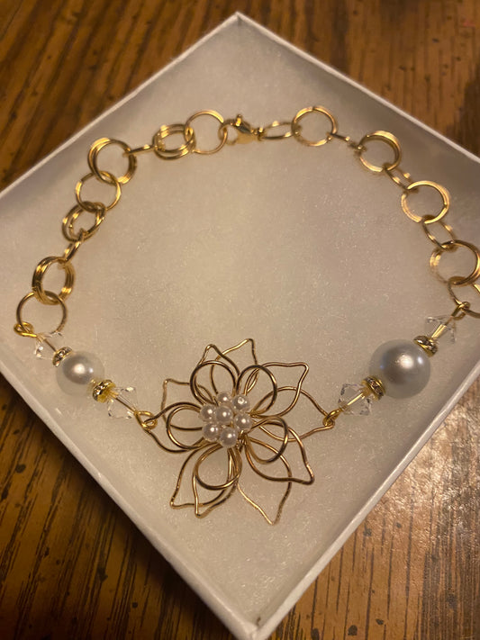 Artisan crafted Golden Flower wire bracelet w/Gold plated chain, Fine Swarovski Crystals, and Glass Pearls.