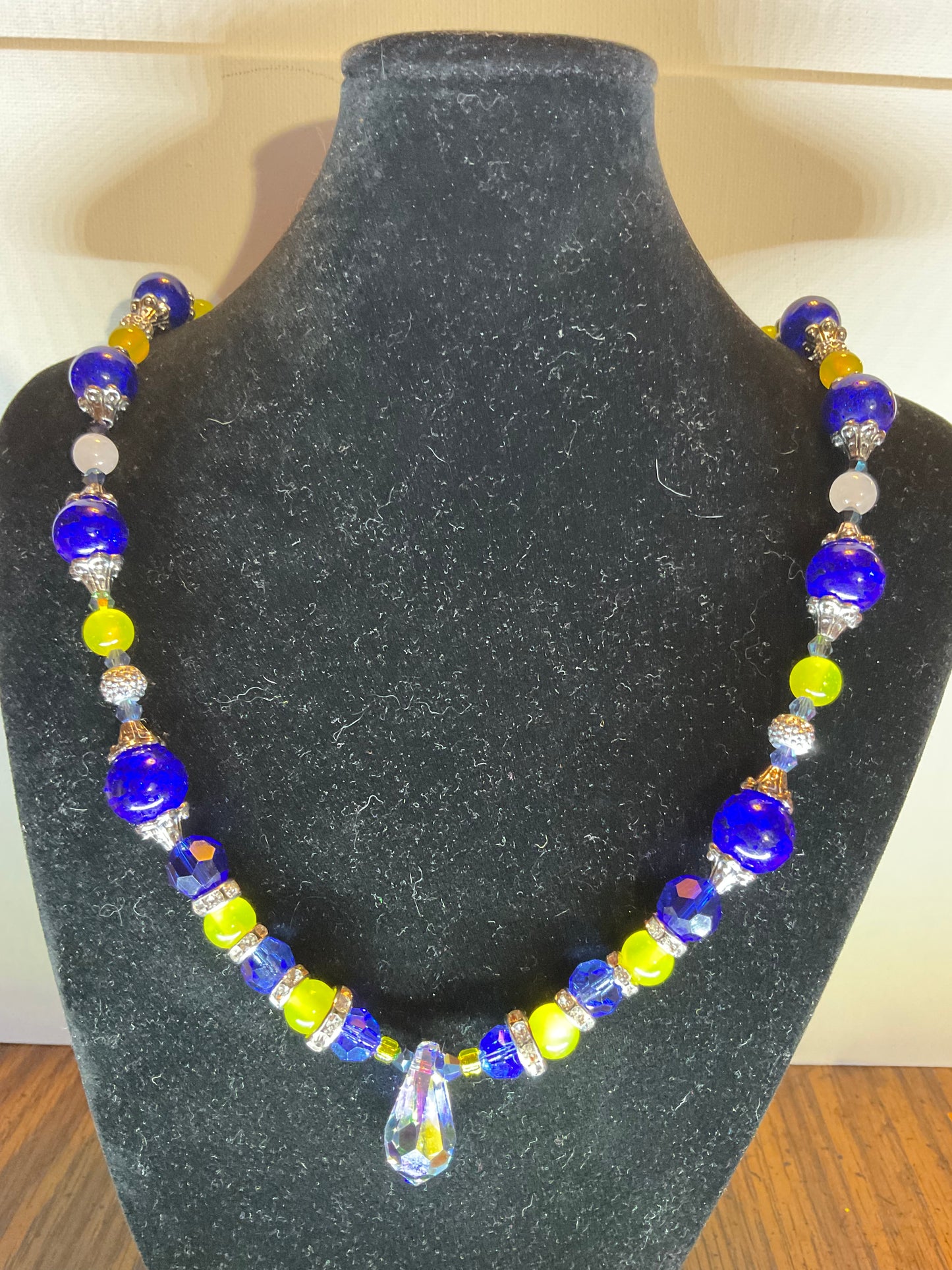 Maize & blue necklace w/ Swarovski crystal pendant