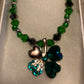 Emerald Green Crystals, Jet black Crystals, &  Silver Alloy 4 leaf Clover LuckyCharm necklace.