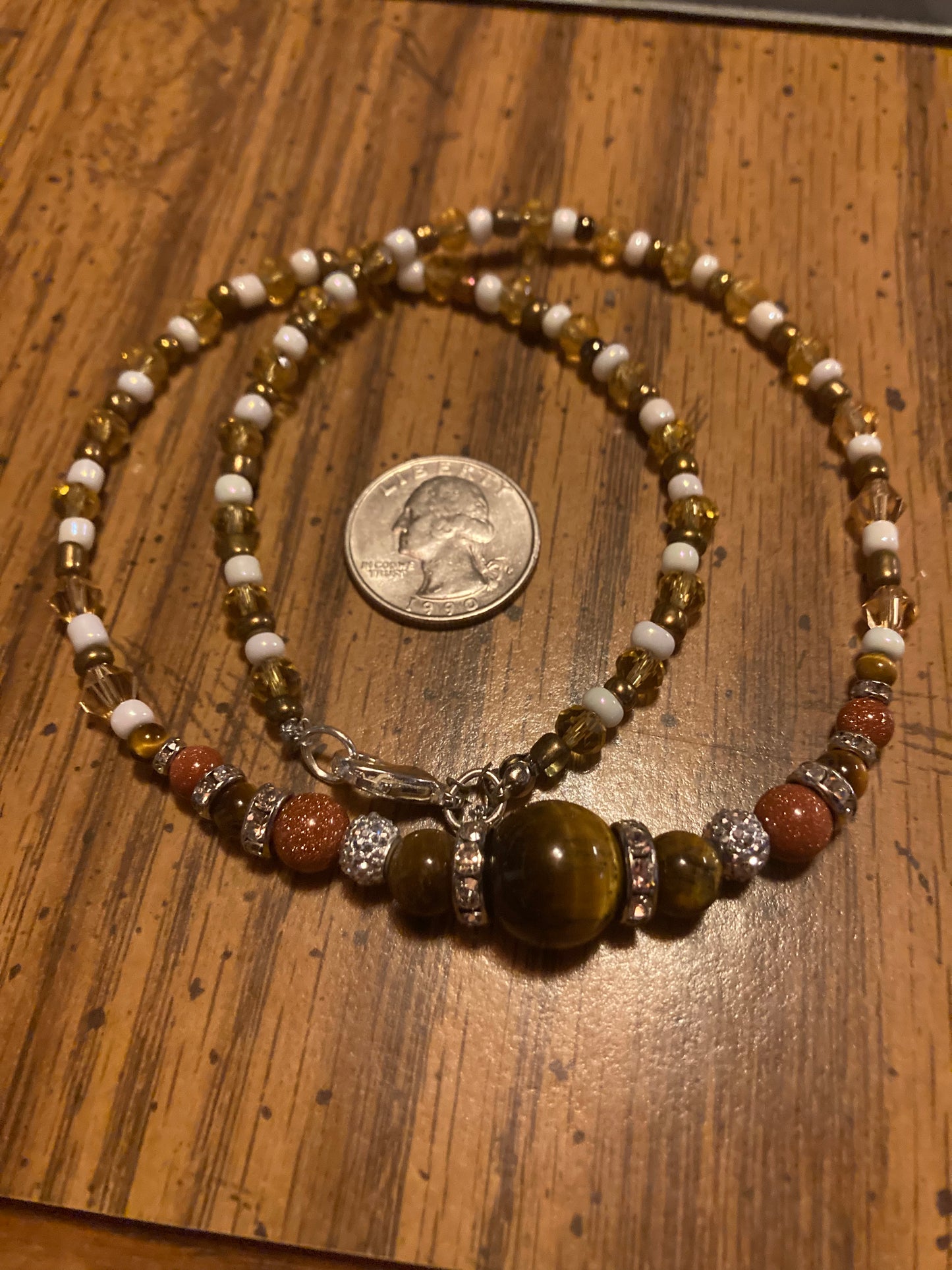 Tigers eye, Goldstone, & Topaz crystal Necklace