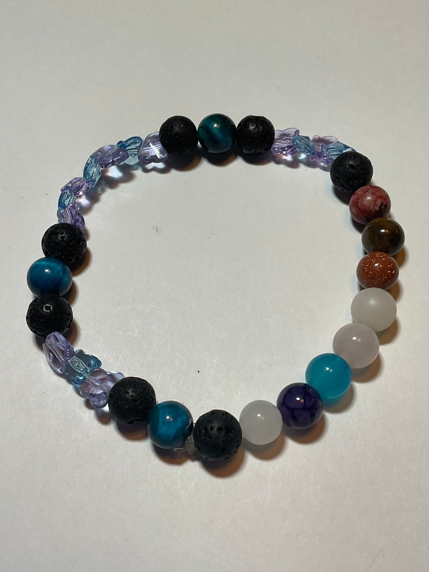 Artisan Semiprecious Stone Energy Stretch Bracelet with an added touch of dainty Swarovski Crystal Butterflies in Aqua & Violet