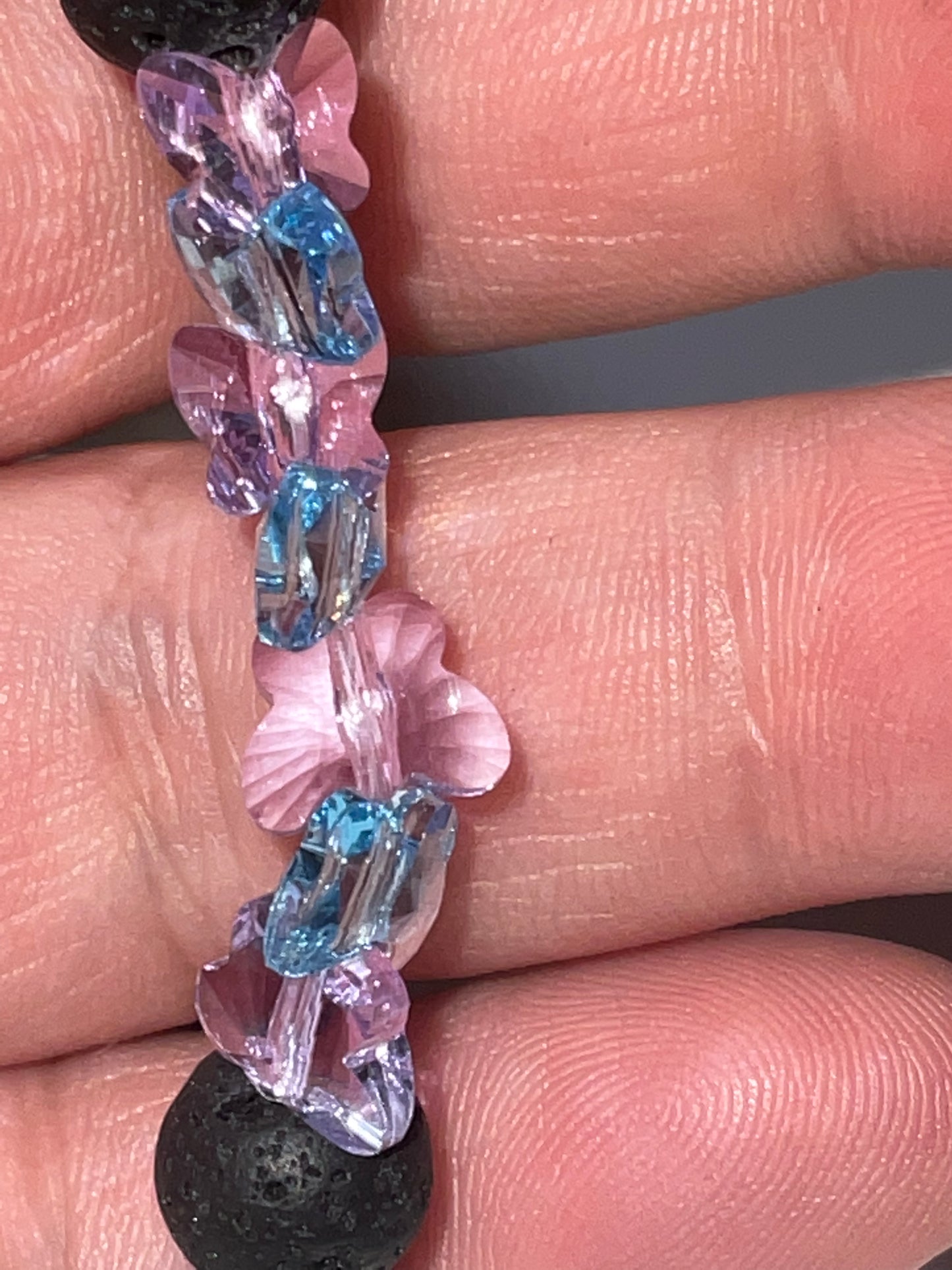 Artisan Semiprecious Stone Energy Stretch Bracelet with an added touch of dainty Swarovski Crystal Butterflies in Aqua & Violet