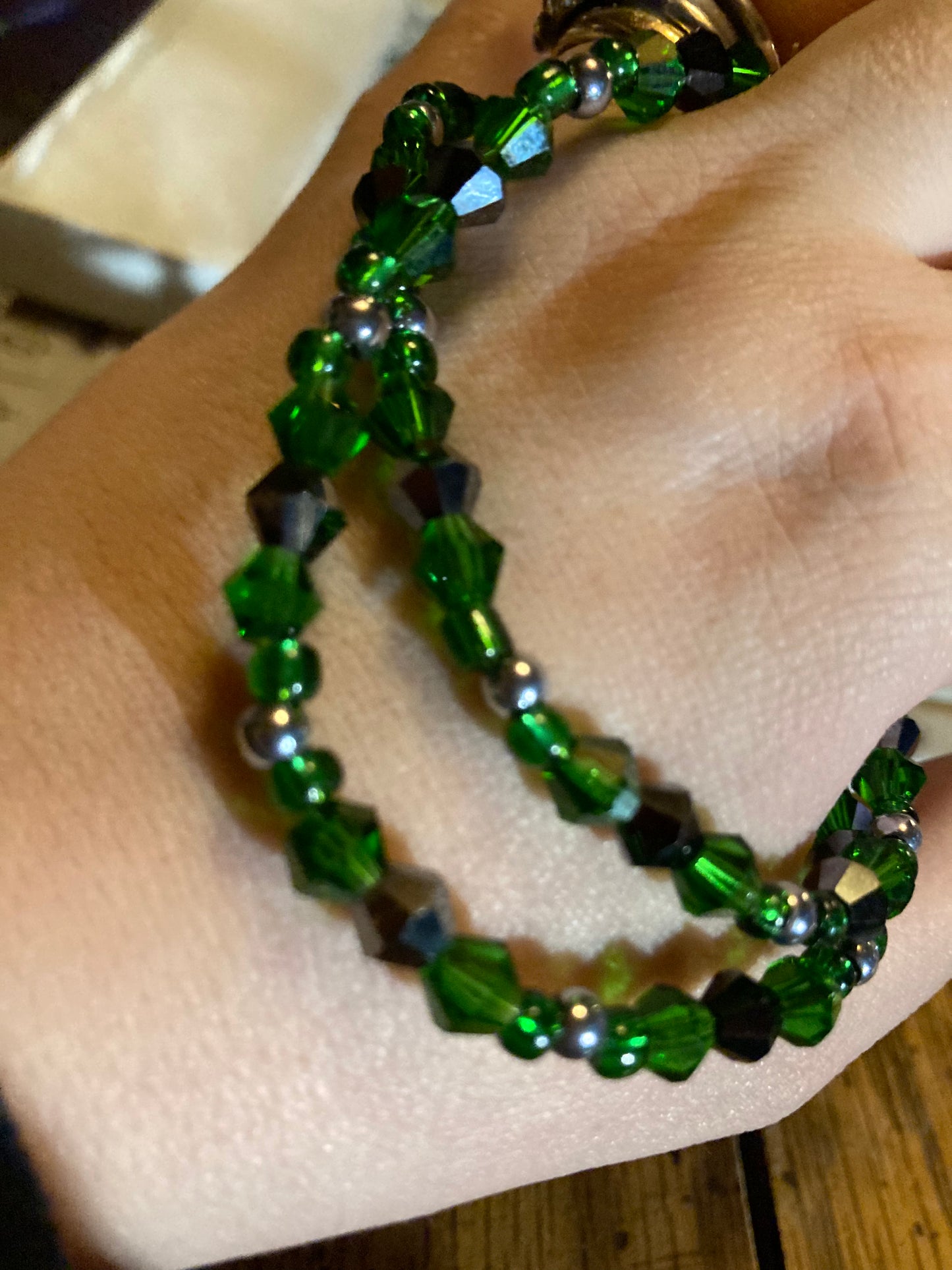 Emerald Green Crystals, Jet black Crystals, &  Silver Alloy 4 leaf Clover LuckyCharm necklace.