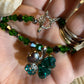 Emerald Green Crystals, Jet black Crystals, &  Silver Alloy 4 leaf Clover LuckyCharm necklace.