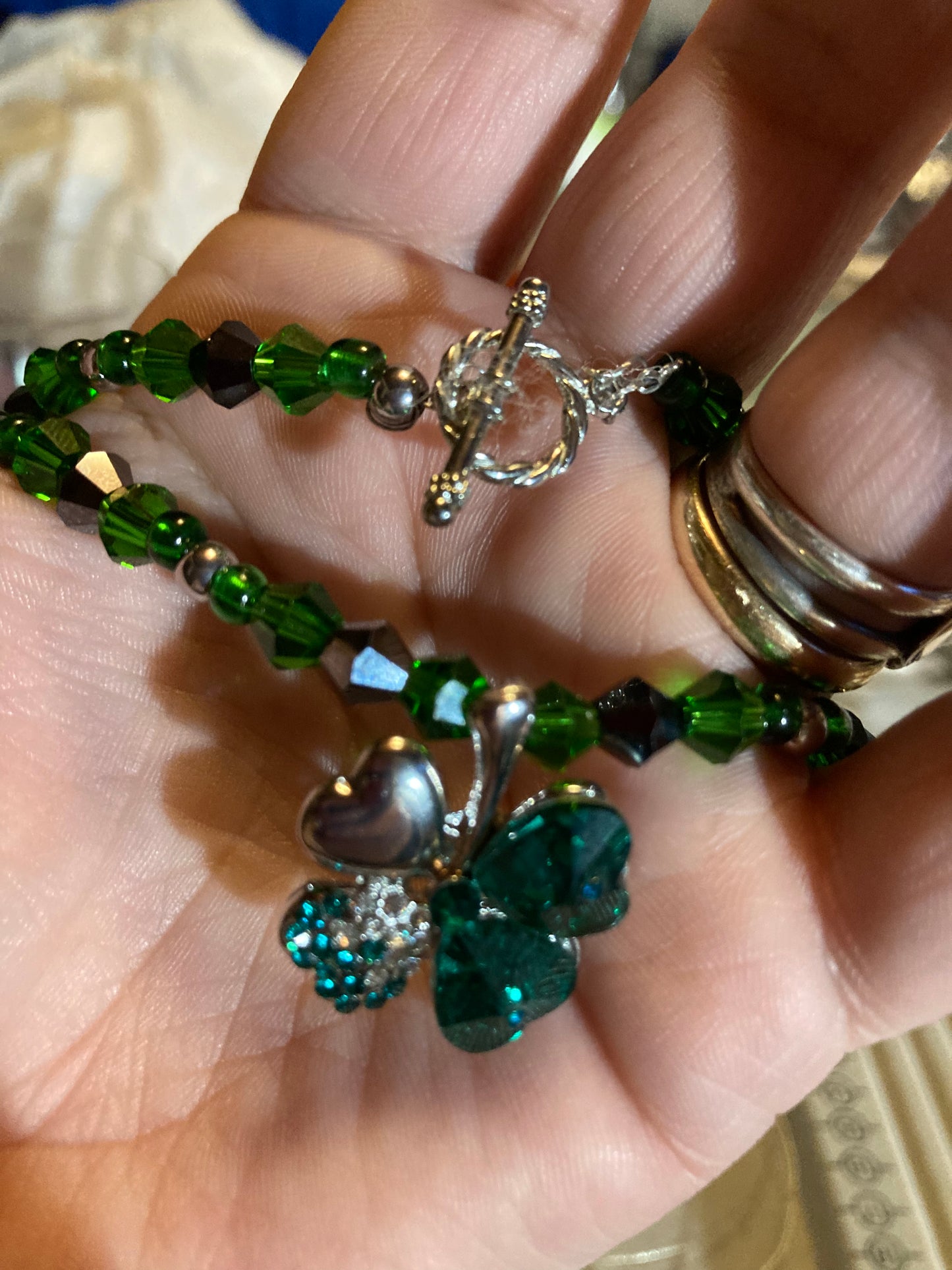 Emerald Green Crystals, Jet black Crystals, &  Silver Alloy 4 leaf Clover LuckyCharm necklace.