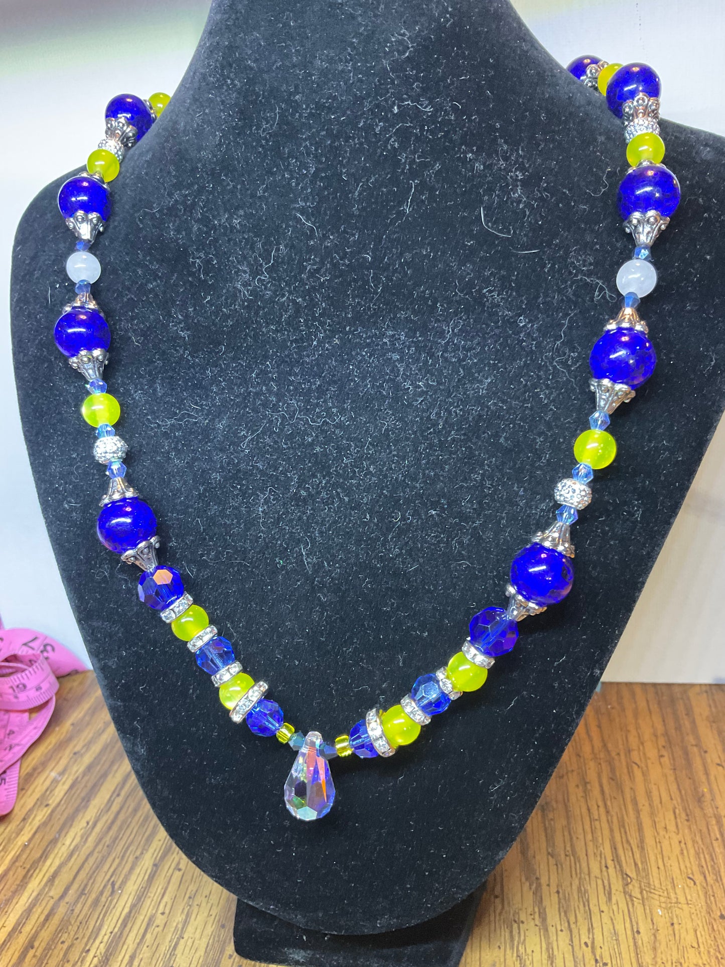 Maize & blue necklace w/ Swarovski crystal pendant