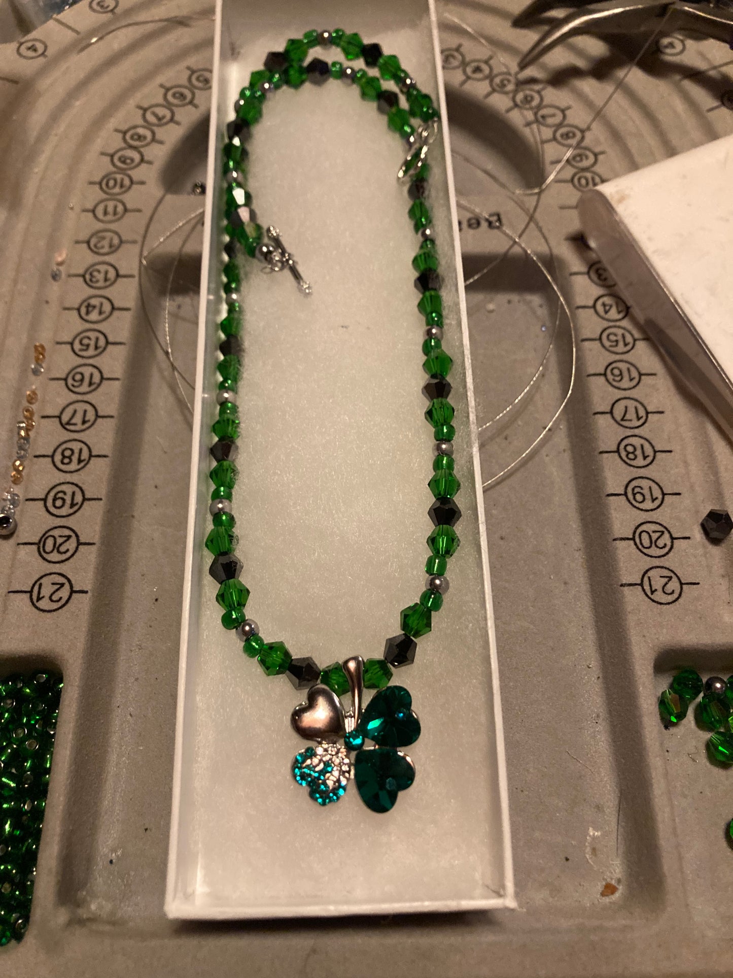 Emerald Green Crystals, Jet black Crystals, &  Silver Alloy 4 leaf Clover LuckyCharm necklace.