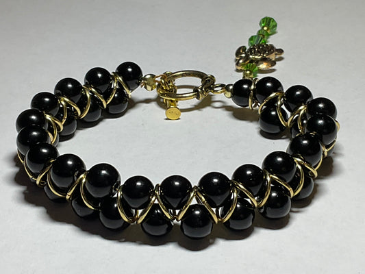 Black Glass Pearl 18 Kt gold plated Goddess Bracelet