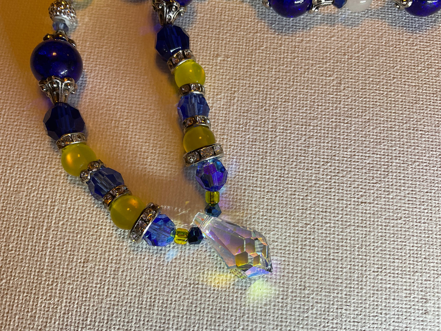 Maize & blue necklace w/ Swarovski crystal pendant