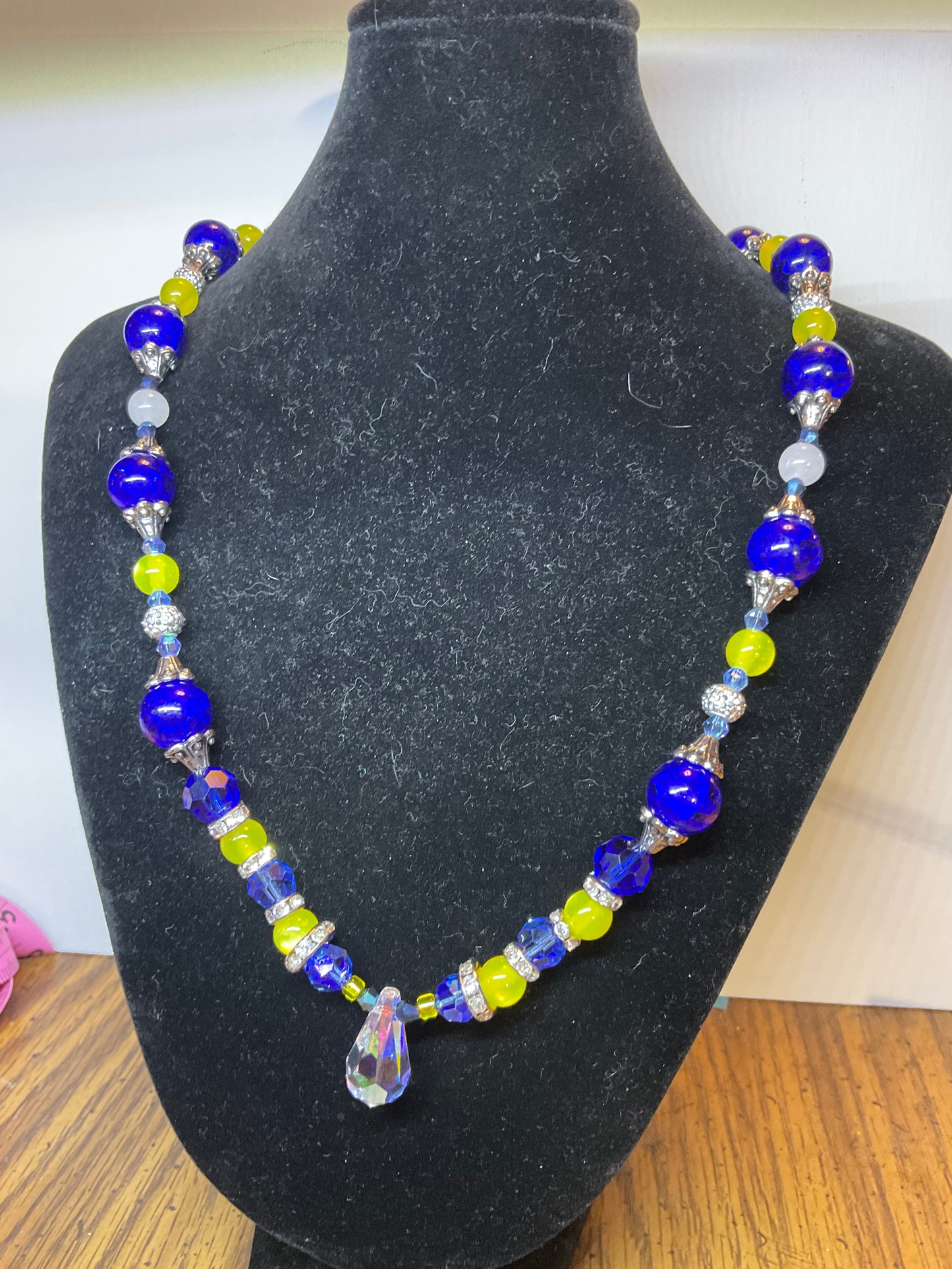 Maize & blue necklace w/ Swarovski crystal pendant