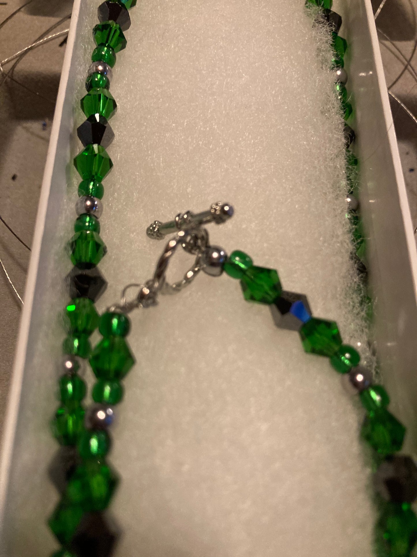 Emerald Green Crystals, Jet black Crystals, &  Silver Alloy 4 leaf Clover LuckyCharm necklace.