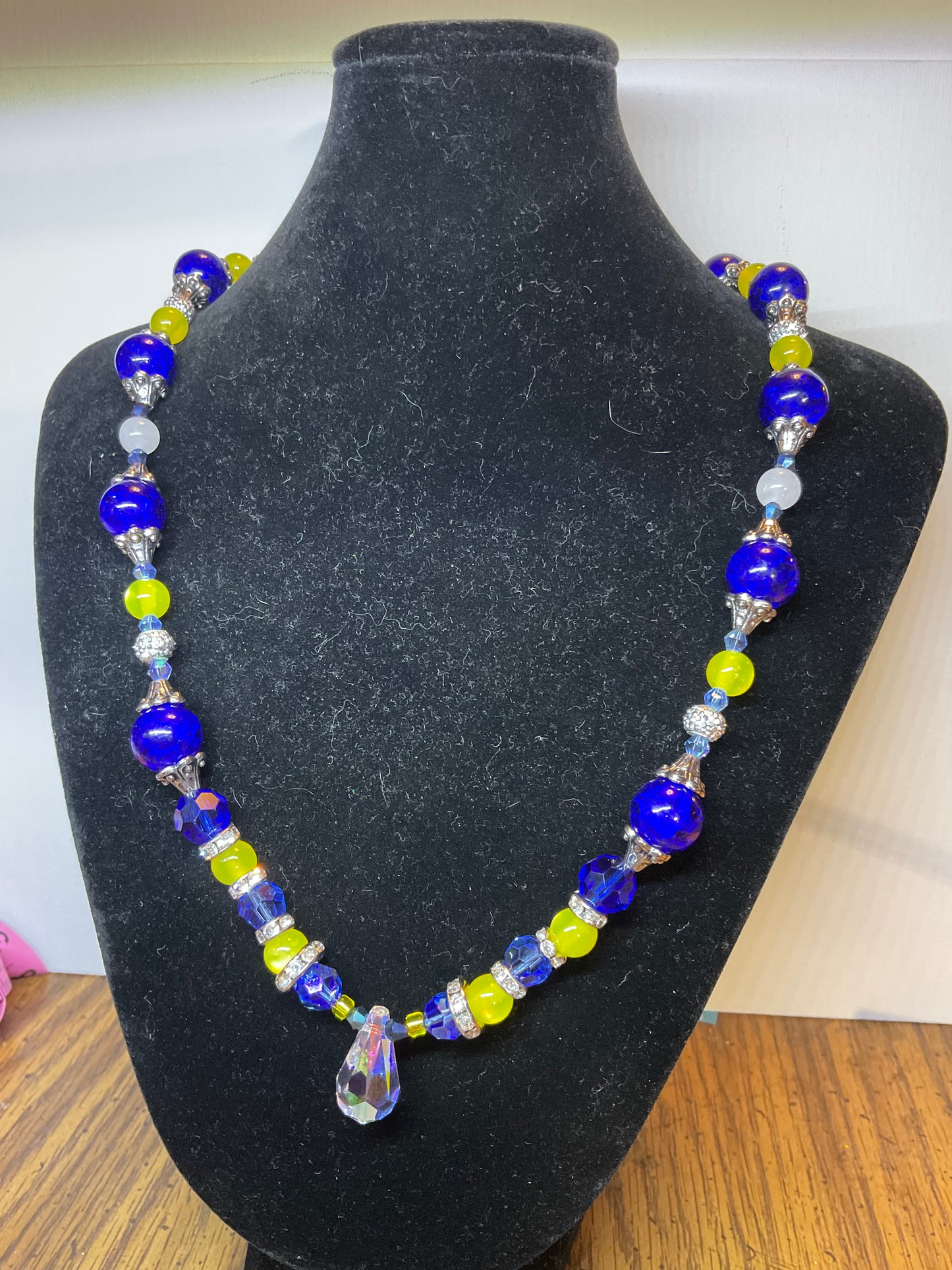 Maize & blue necklace w/ Swarovski crystal pendant