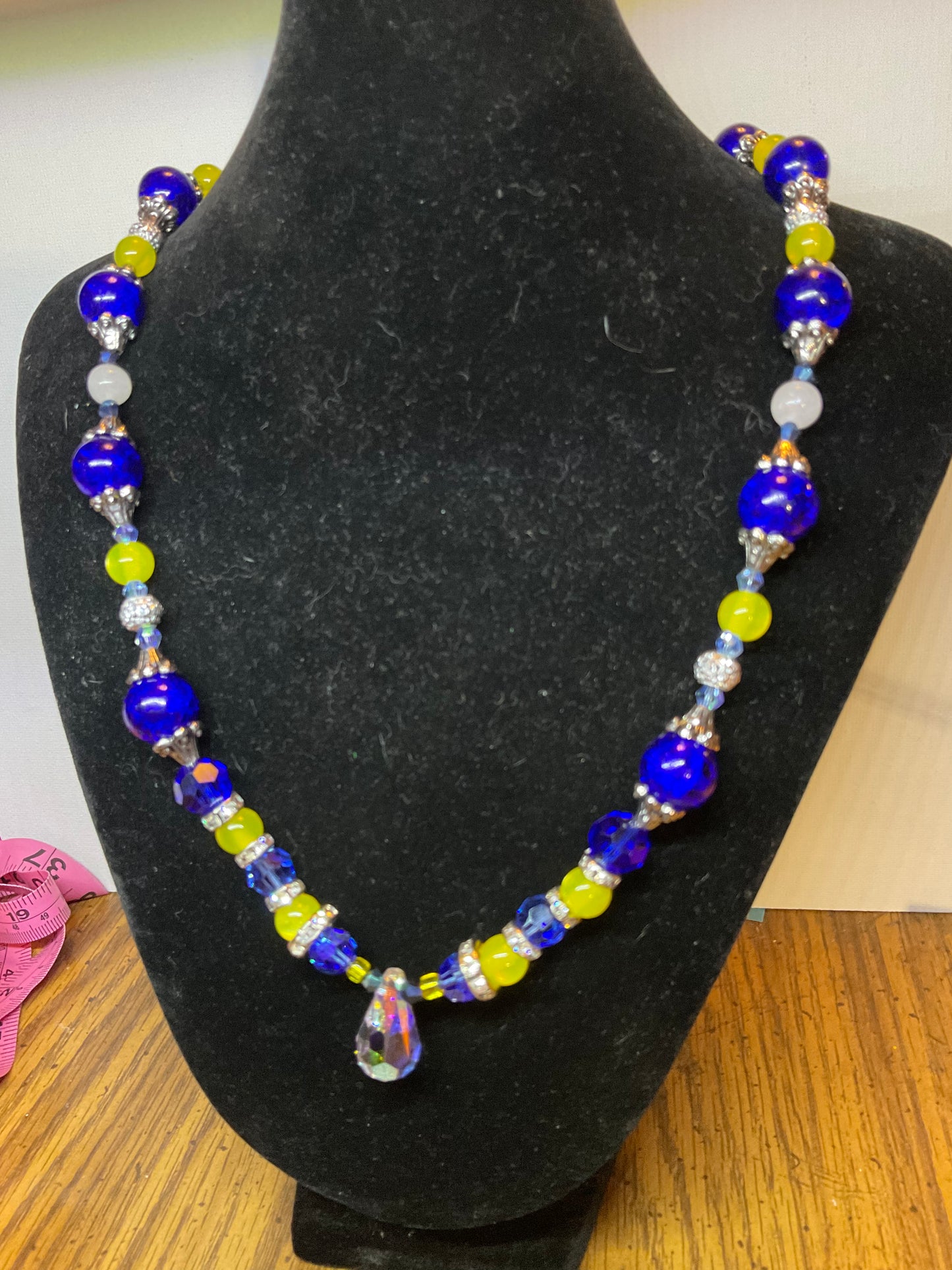 Maize & blue necklace w/ Swarovski crystal pendant