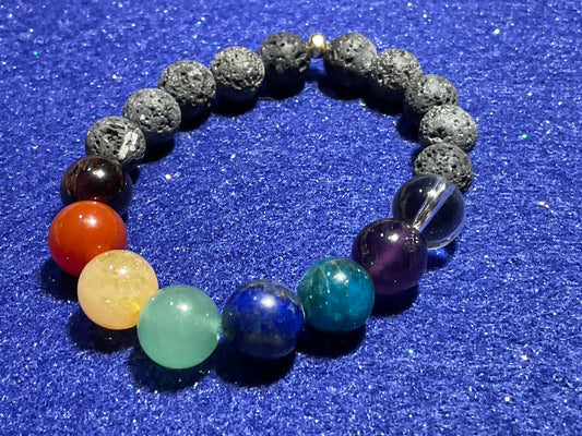 10mm Chakra Stone Bracelet with 8mm natural unwaxed lava stones