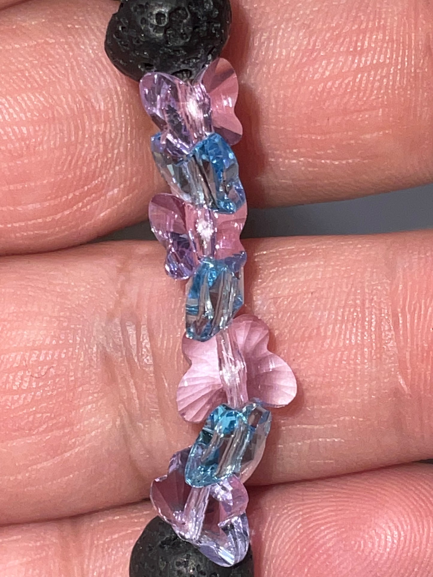 Artisan Semiprecious Stone Energy Stretch Bracelet with an added touch of dainty Swarovski Crystal Butterflies in Aqua & Violet