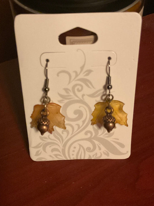 Maple leaf with tiny Copper Acorn dangle Earrings.