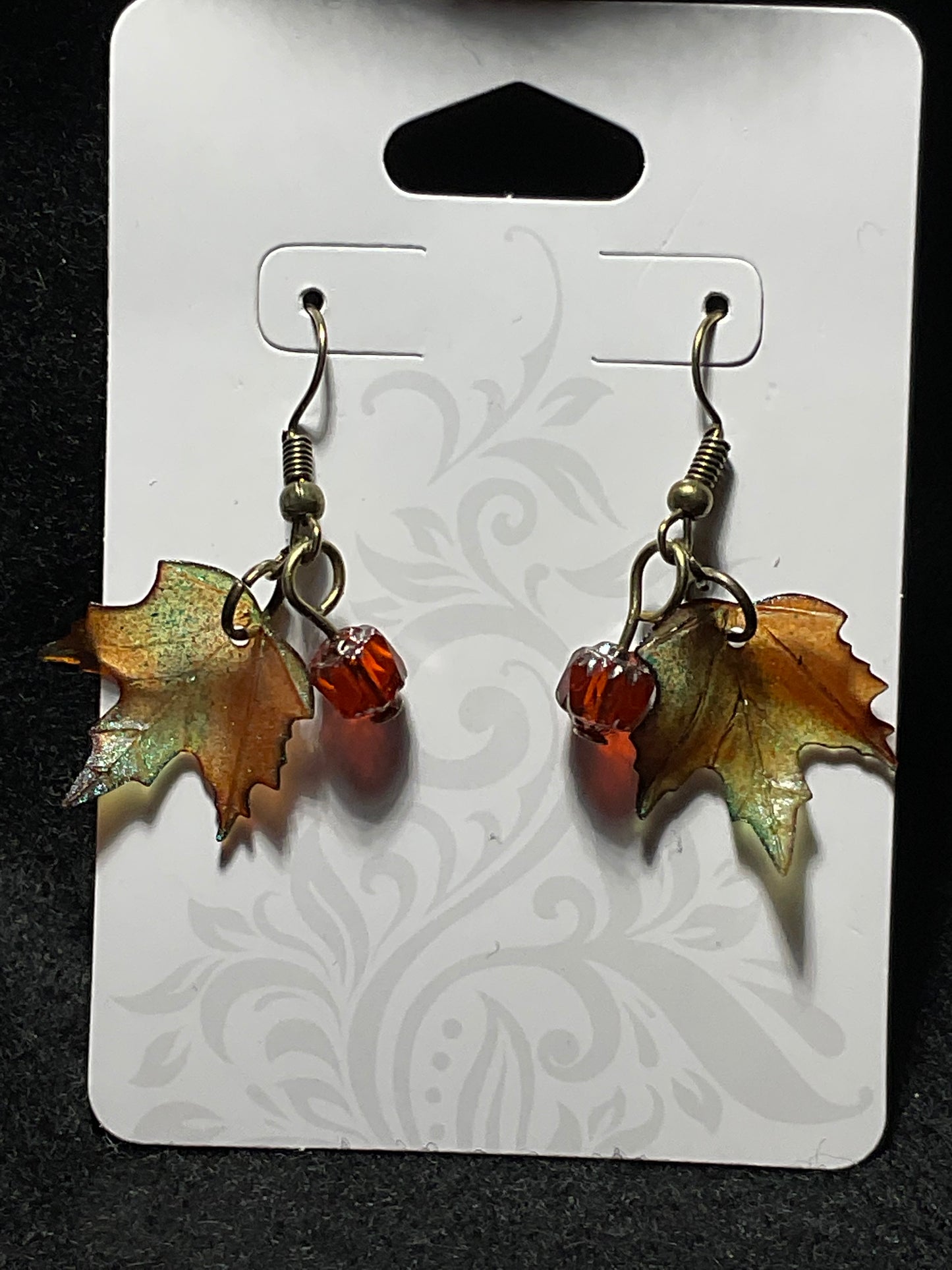 Czech Cathedral Orange Crystal and Maple Leaf earrings