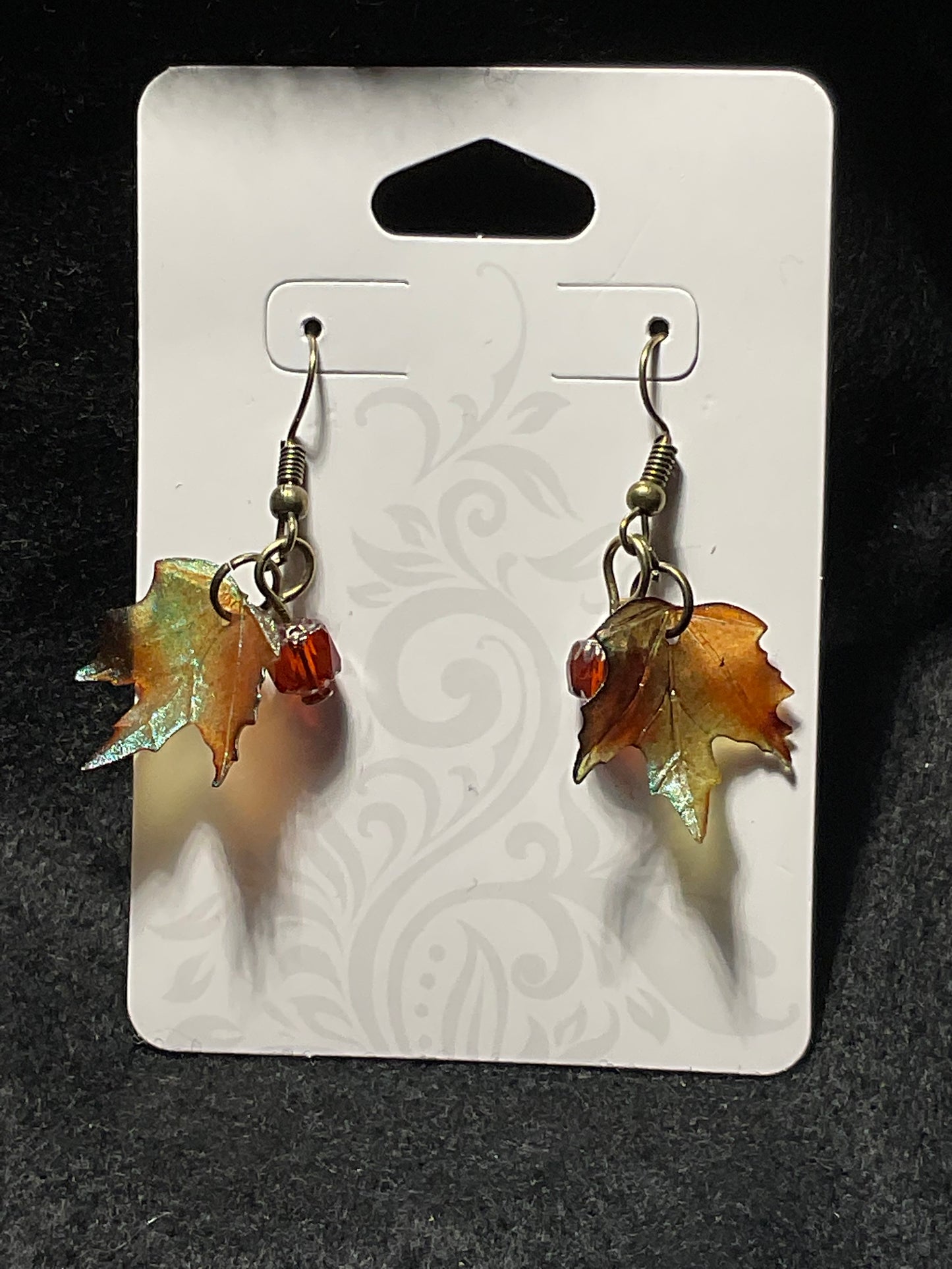 Czech Cathedral Orange Crystal and Maple Leaf earrings