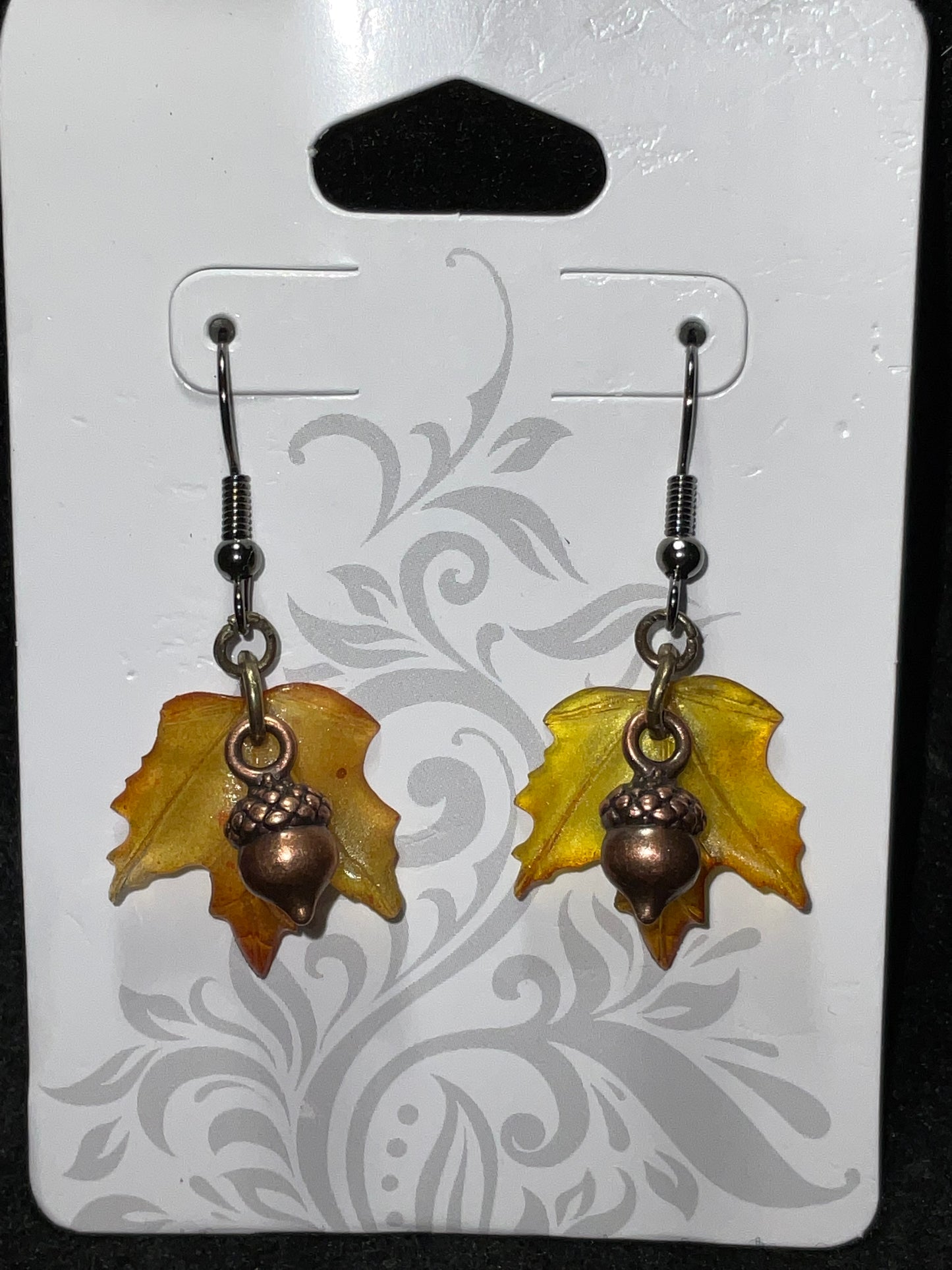 Copper Acorn and hand painted acrylic Maple Leaf dangle Earring’s