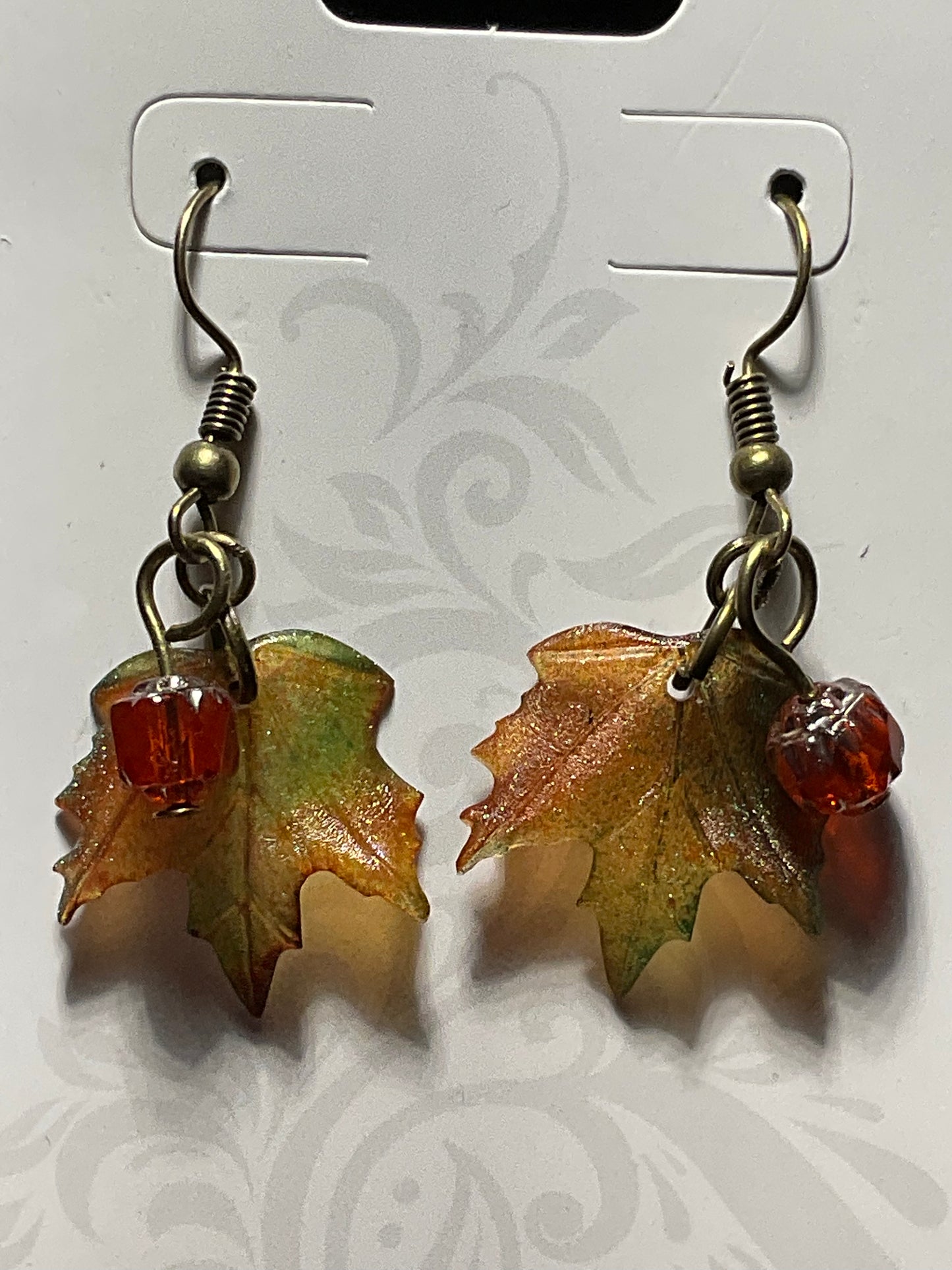 Czech Cathedral Orange Crystal and Maple Leaf earrings