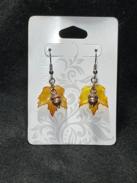 Copper Acorn and hand painted acrylic Maple Leaf dangle Earring’s